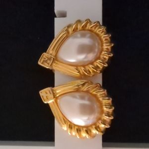 Authentic FENDI Gold Teardrop Pearl Logo Earrings